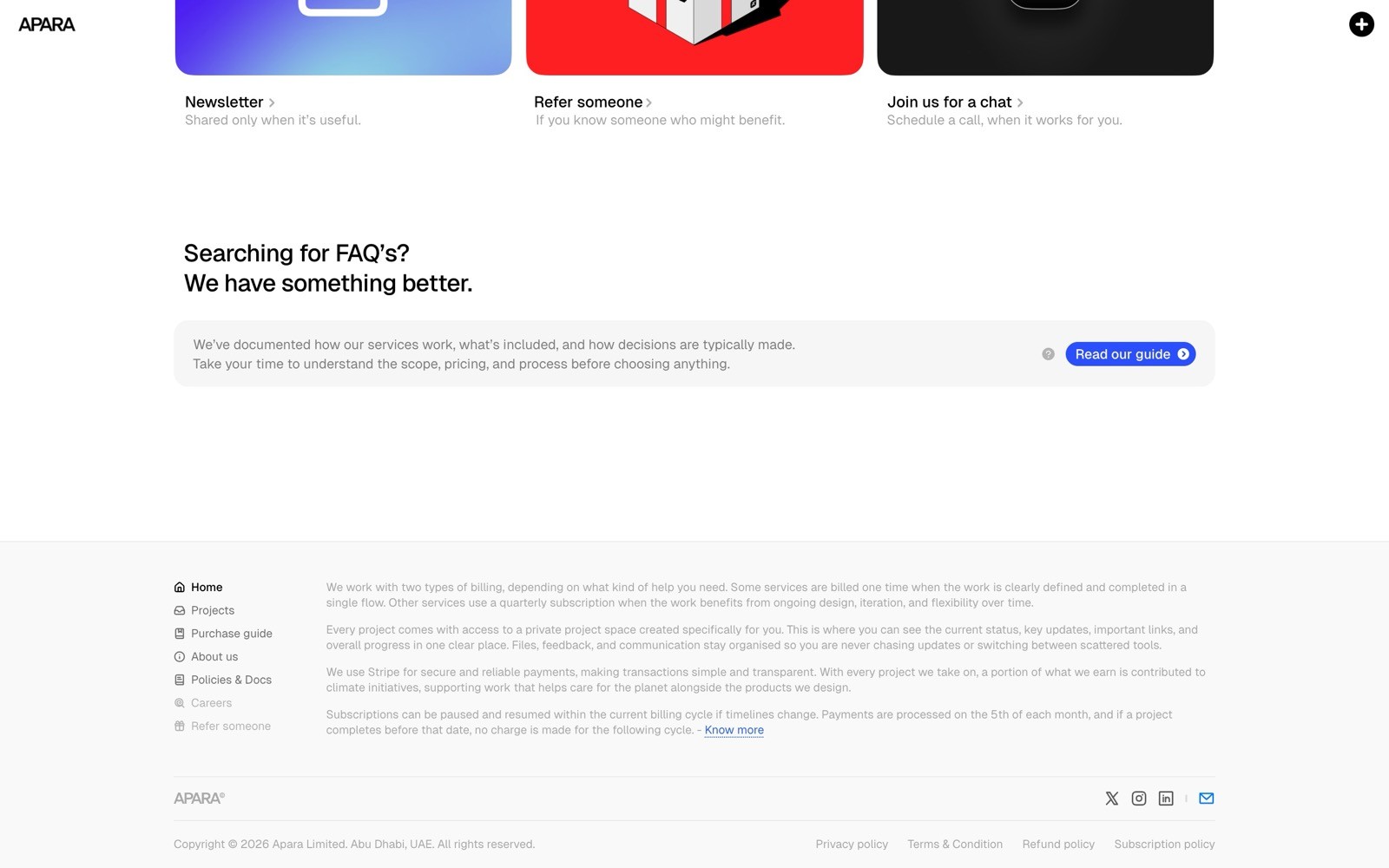 APARA website section: "Searching for FAQ's? We have something better." and a "Read our guide" button.