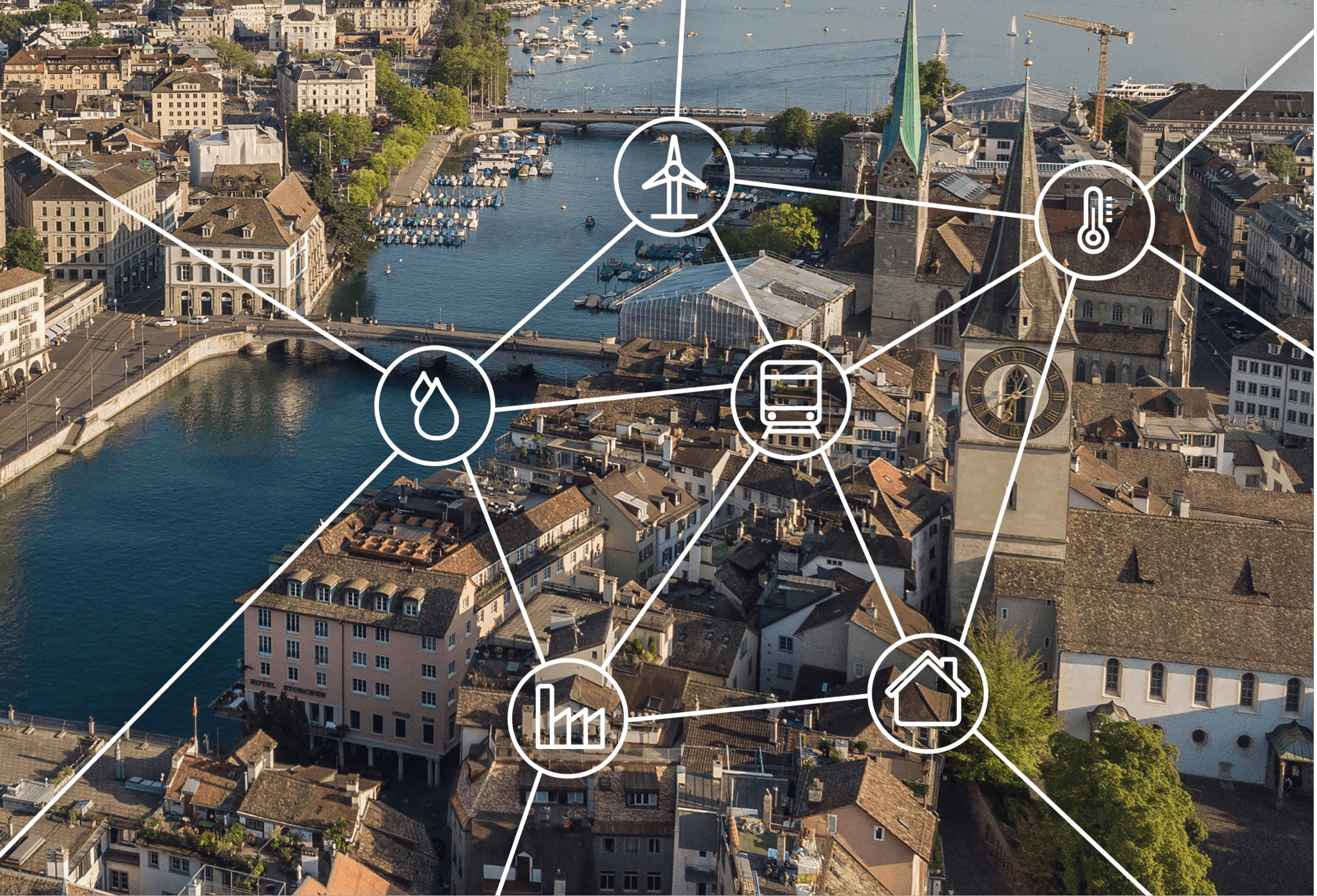 Photo of a city with abstract connectivity lines