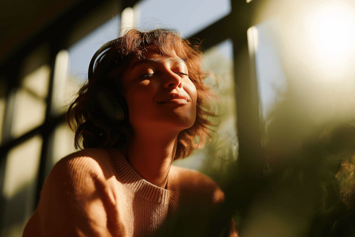 Woman with headphones smiling serenely in warm sunlight