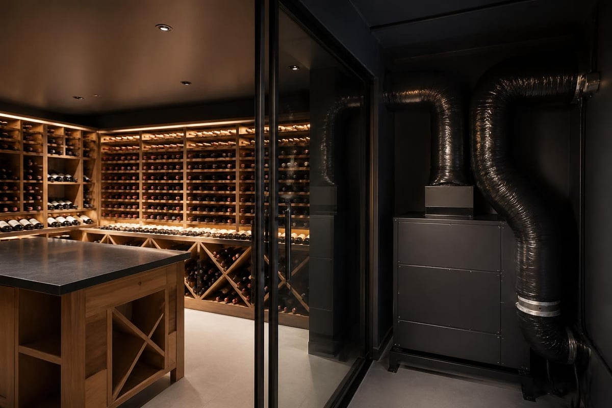 Ducted wine cellar cooling system components
