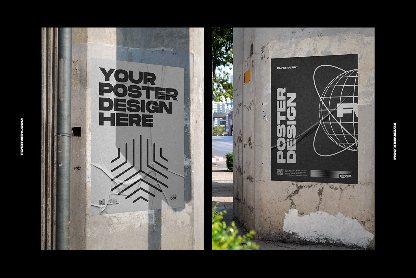 Urban poster wall mockup placed on concrete street column in outdoor setting