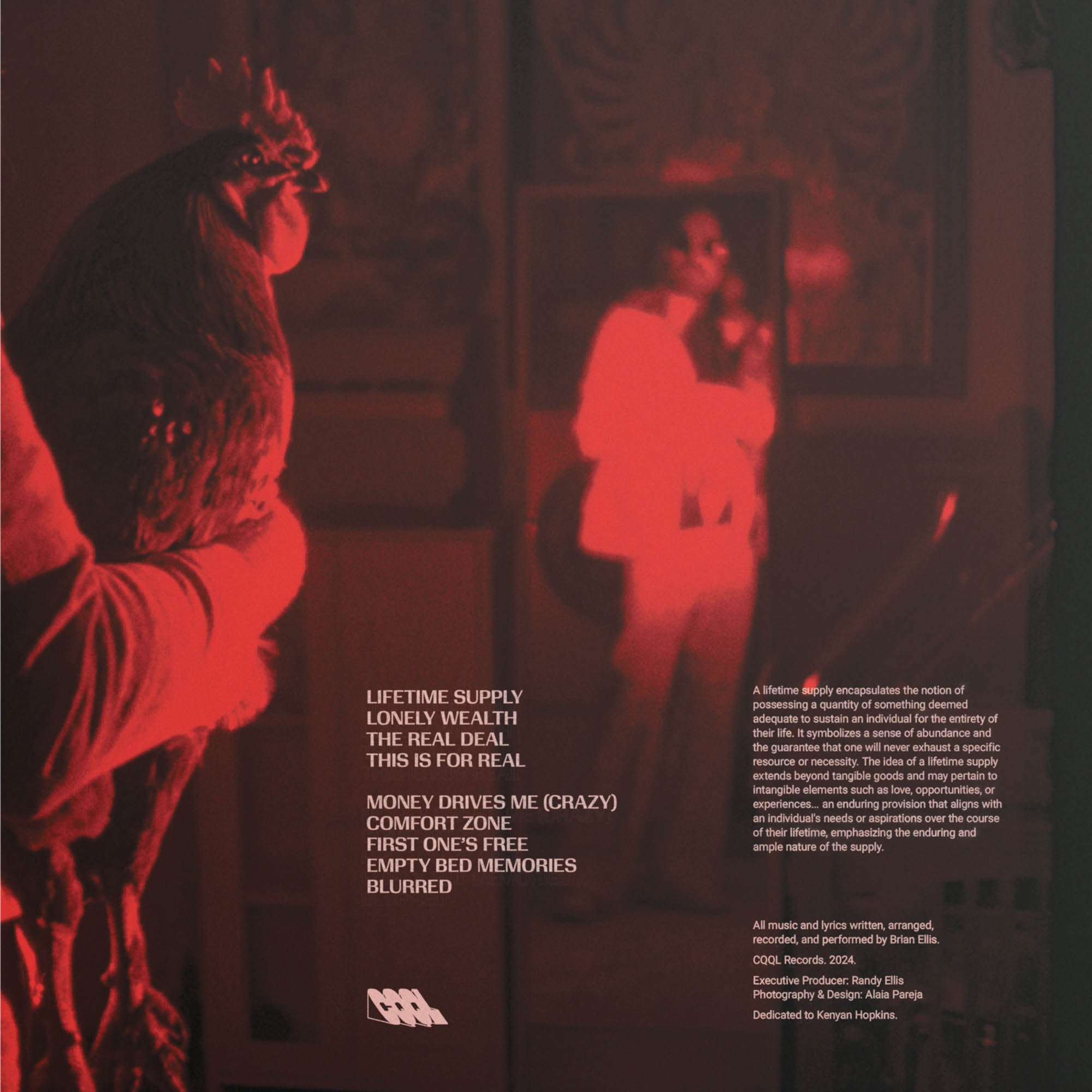 Album cover with red and black color scheme, featuring text and a silhouette of a person.