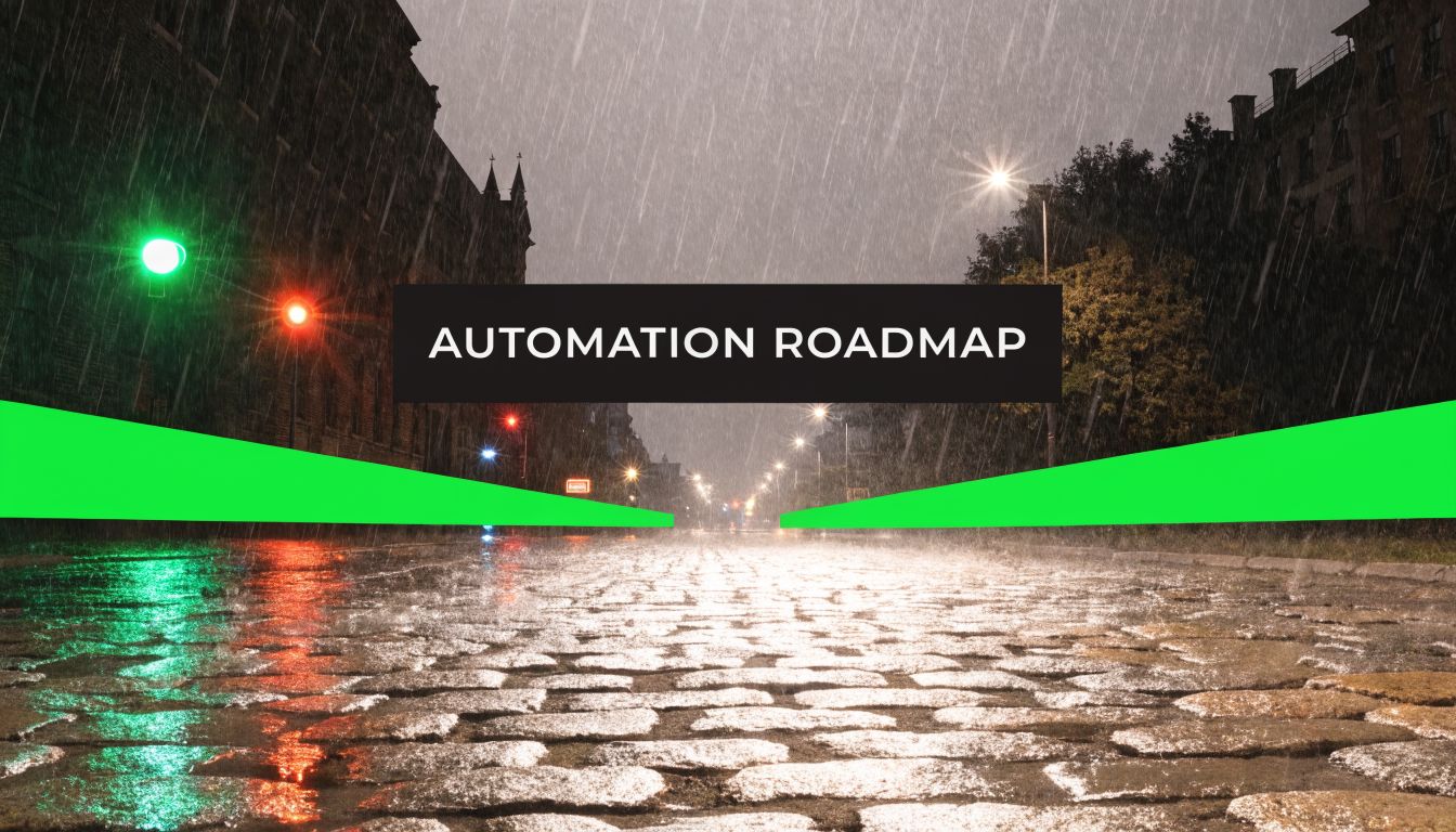 A rainy urban street scene at night with a digital graphic overlay titled Automation Roadmap.
