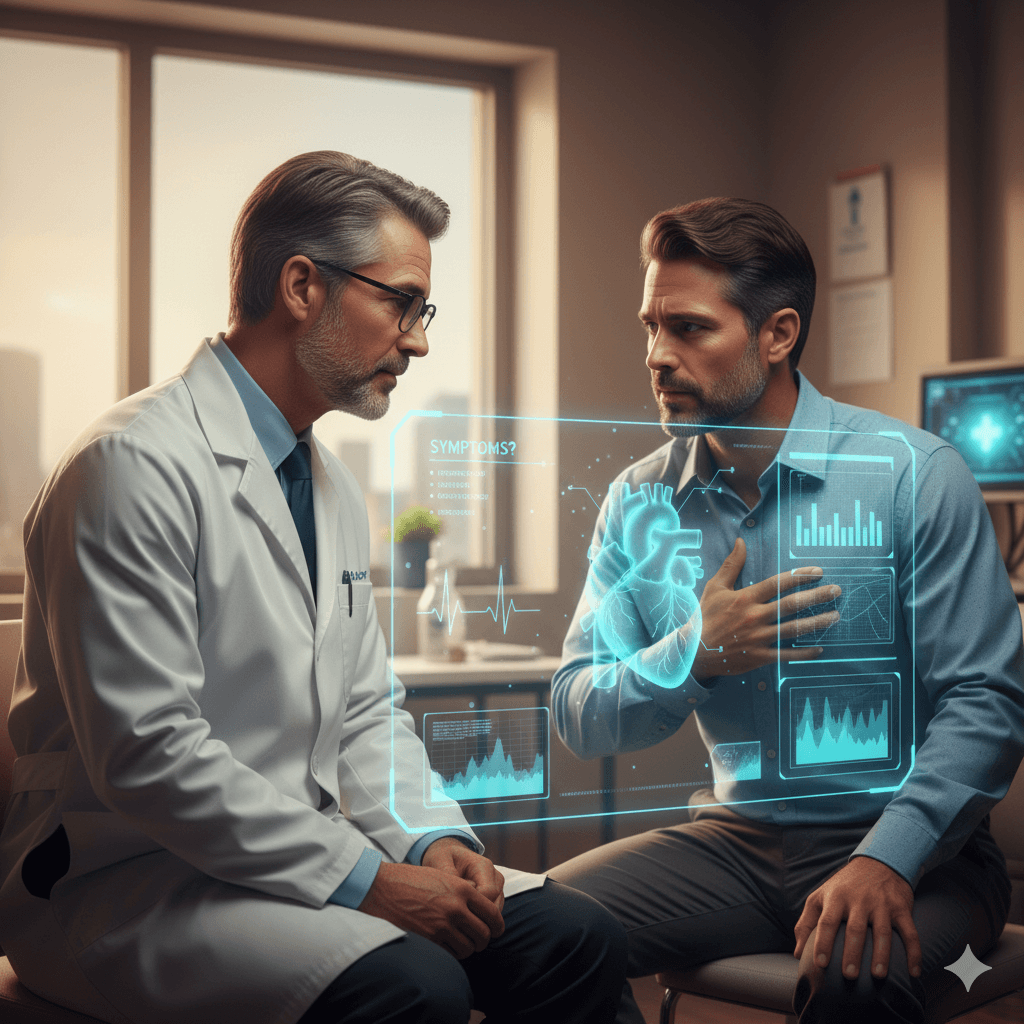 Abstract image showing a cardiologist (male, gloved hands visible) interacting with complex, glowing data visualizations of a heart, symbolizing the shift from initial consultation and listening to data-driven recovery.