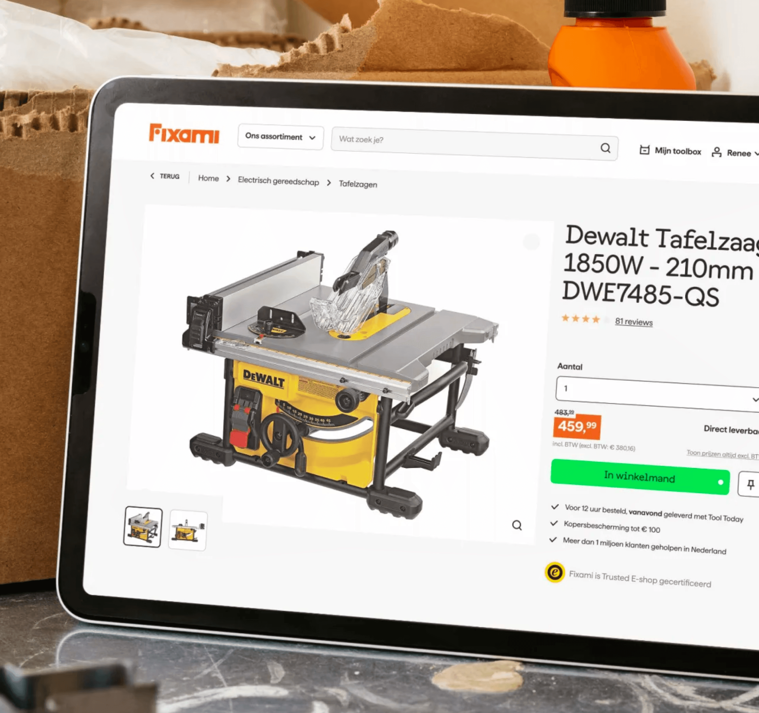Fixami — tablet showing the Fixami website with a product detail page visible — Soda Studio case study