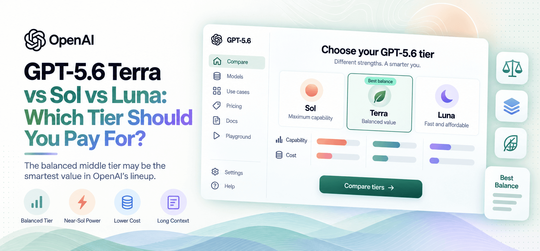 GPT-5.6 Terra vs Sol vs Luna featured image comparing OpenAI’s flagship, balanced, and affordable AI model tiers, with Terra highlighted as the best balance