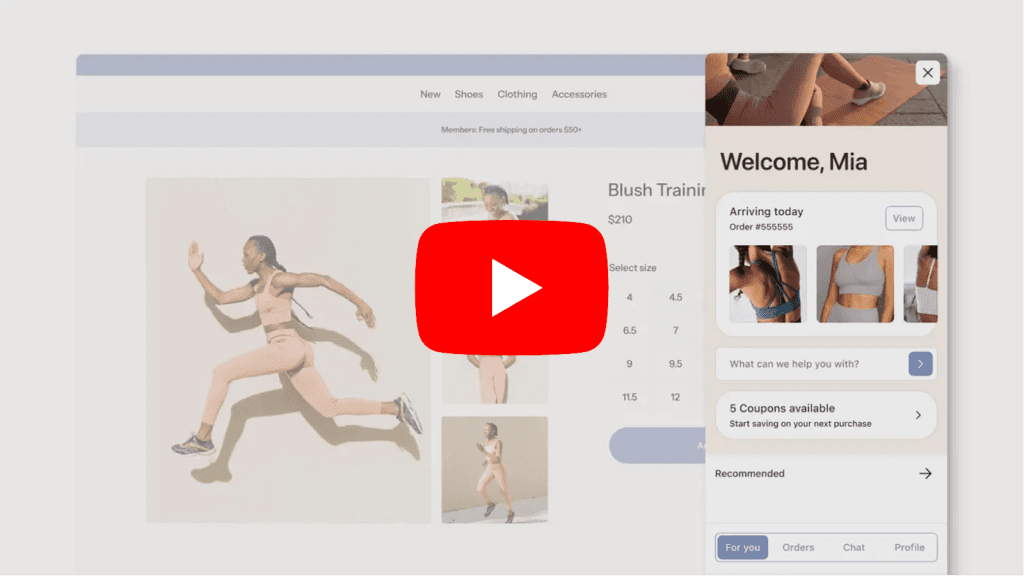 Video-Thumbnail des Klaviyo Customer Hub auf einer Produktseite mit persönlichem Begrüßungsbereich