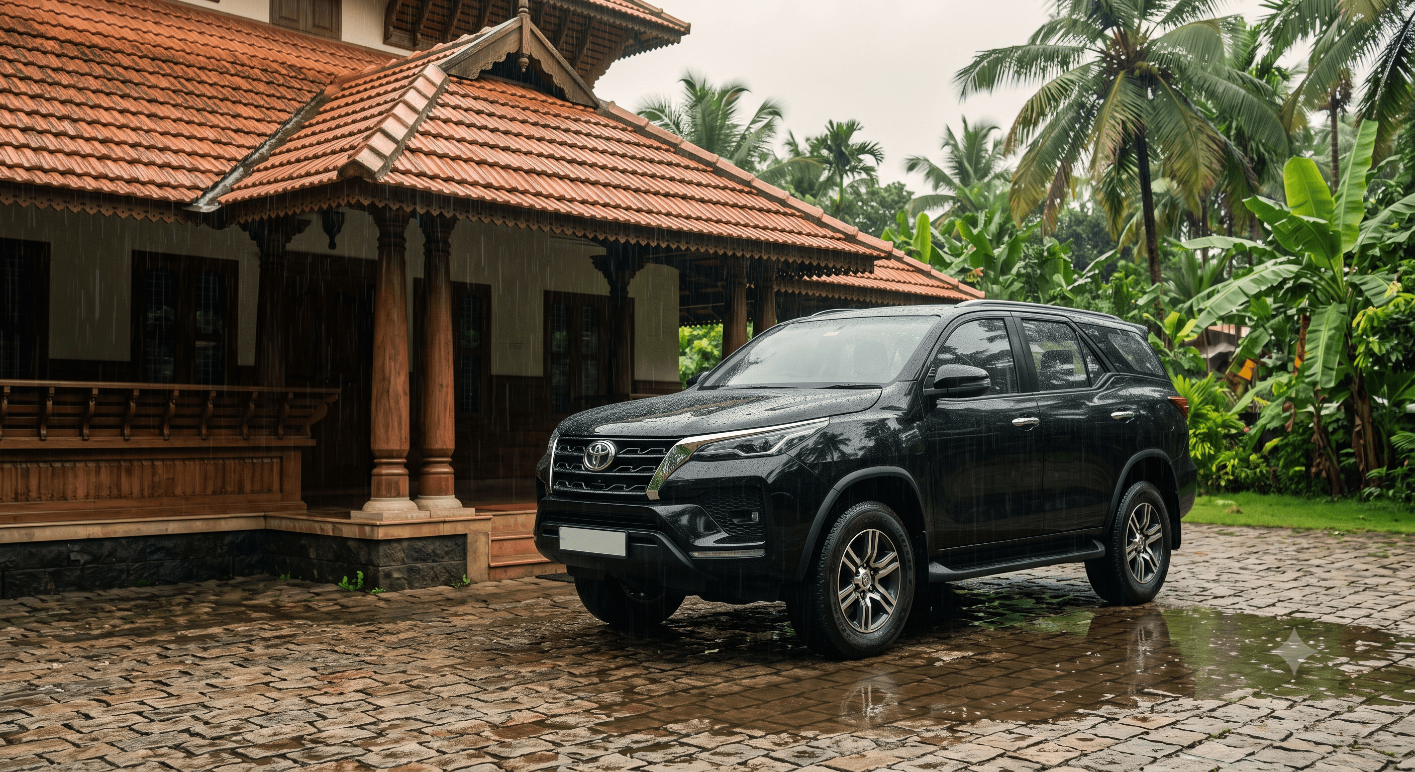 Black Toyota Fortuner parked in the rain outside a traditional Kerala home during the monsoon