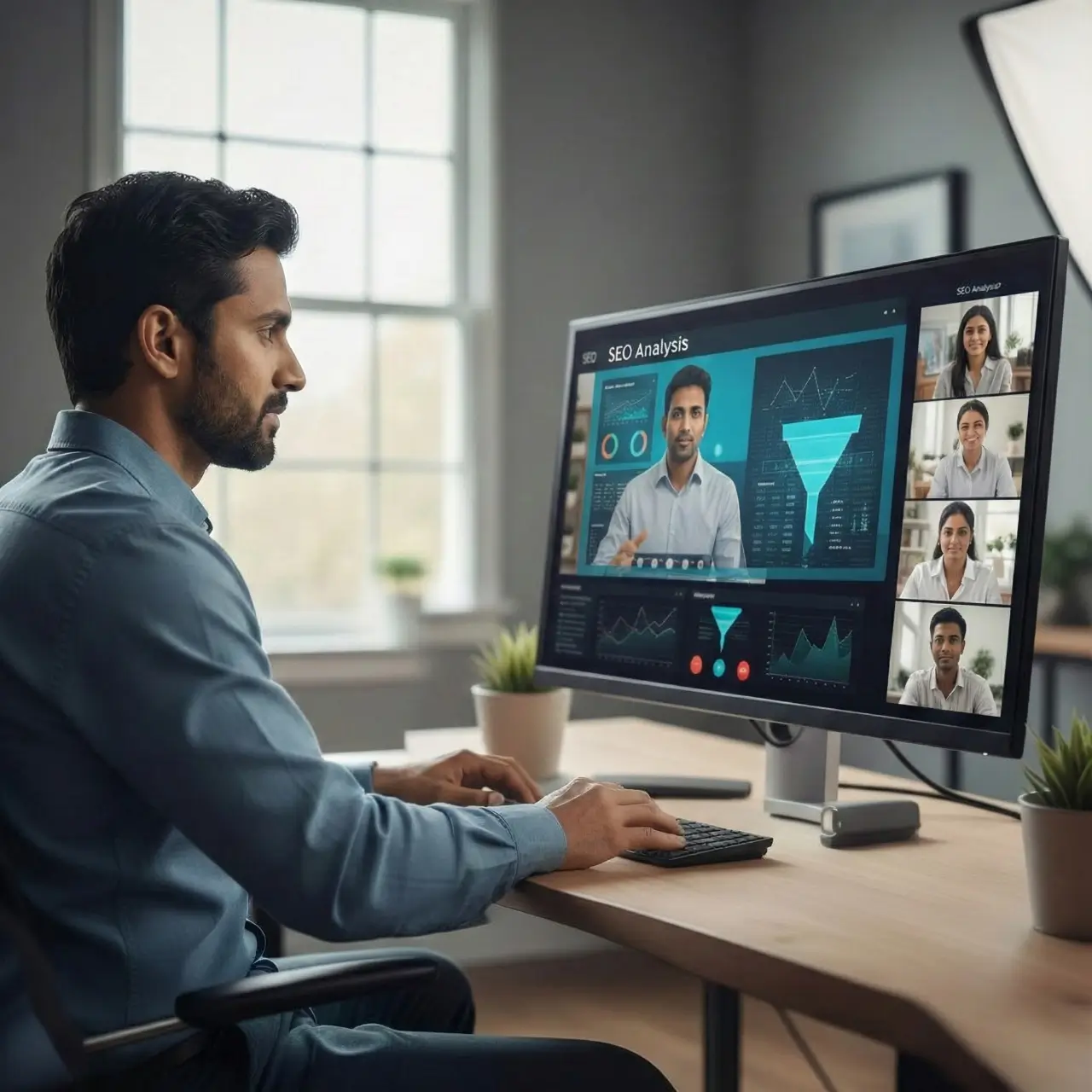 Live performance marketing training session showing instructor Mahendra R teaching SEO analysis and sales funnel strategy to students via video conference interface, demonstrating practical digital marketing mentorship and live guidance