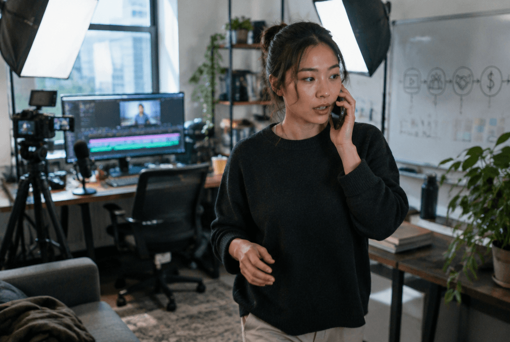Video marketer on a phone call walking through a busy production studio