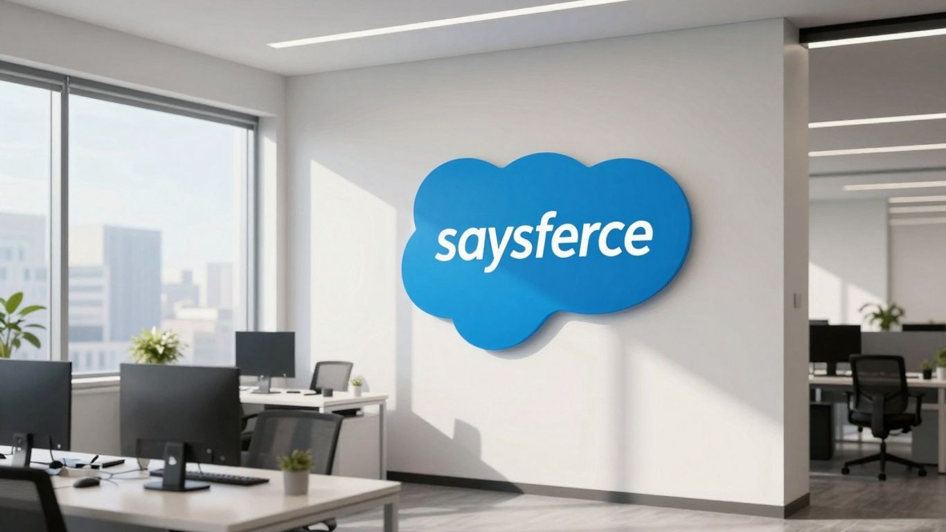 Salesforce logo in a modern office setting.