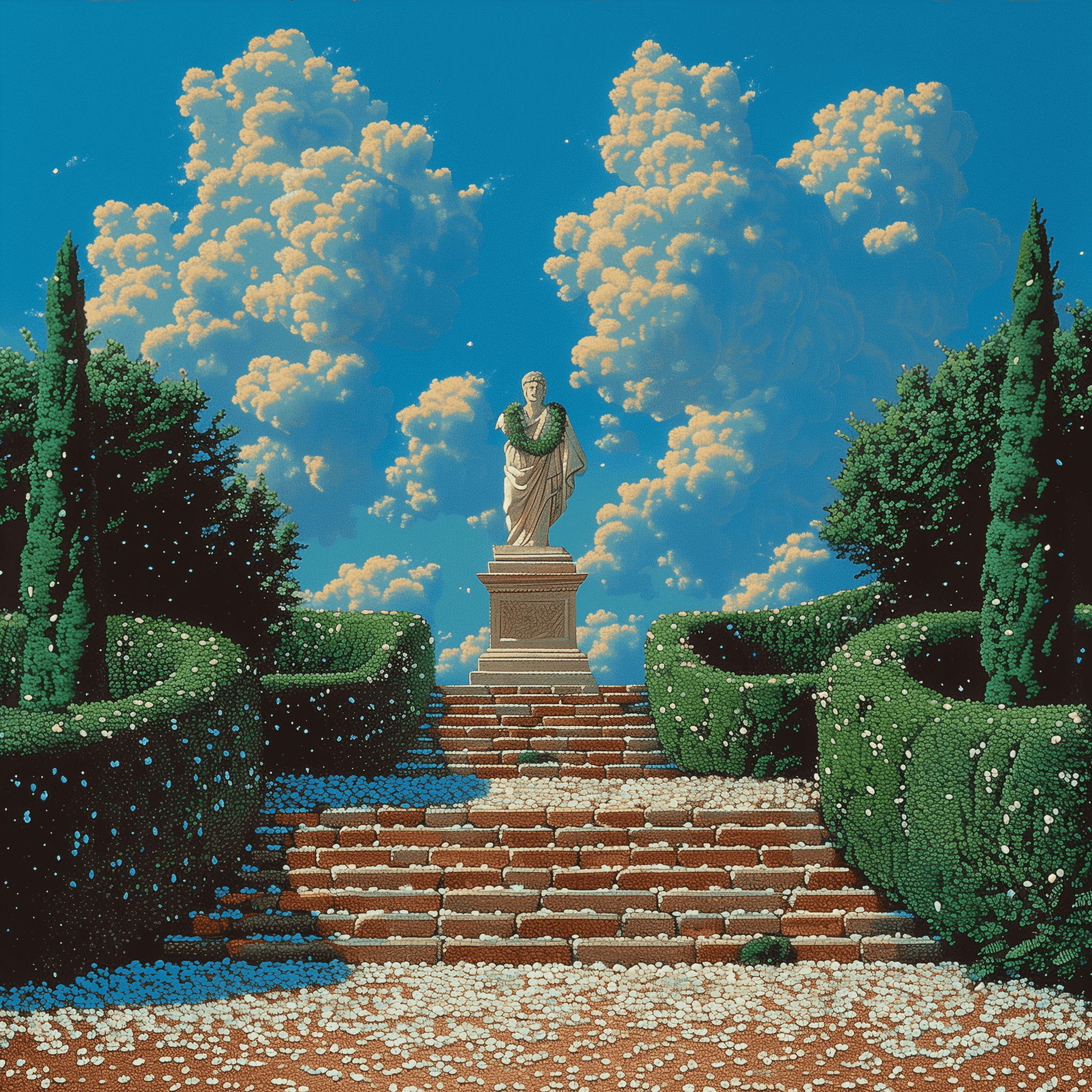 Arrière-plan en pixel art montrant un ciel bleu nuit chargé de nuages vaporeux, encadré par des arbres sombres.