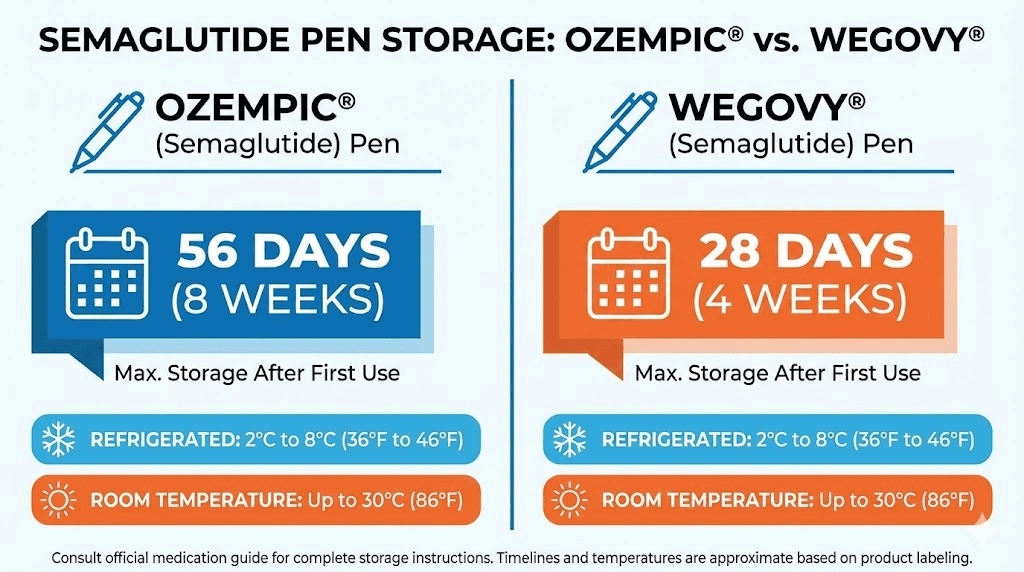 Ozempic vs Wegovy semaglutide storage time comparison in fridge