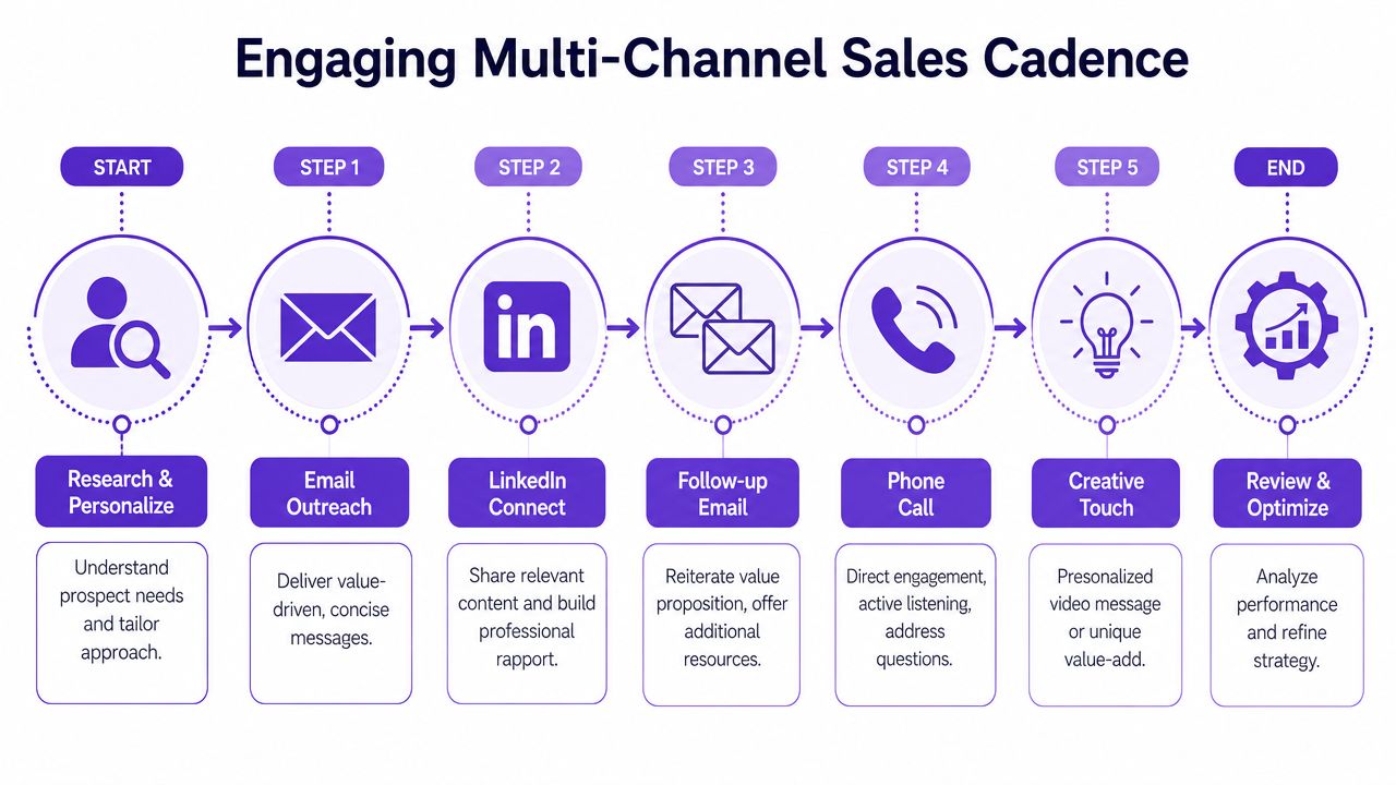A flowchart diagram illustrating a professional multi-channel sales cadence strategy from research to performance optimization.