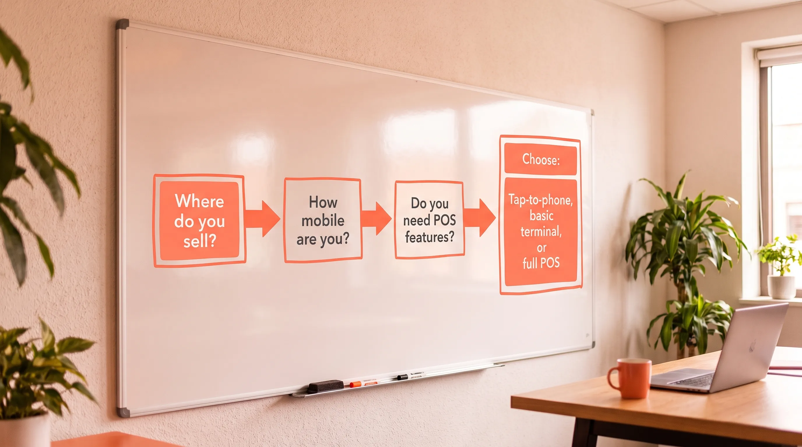 A simple four-box diagram showing a selection flow: “Where do you sell?” leads to “How mobile are you?” then to “Do you need POS features?” and finally “Choose: Tap-to-phone, basic terminal, or full POS”.