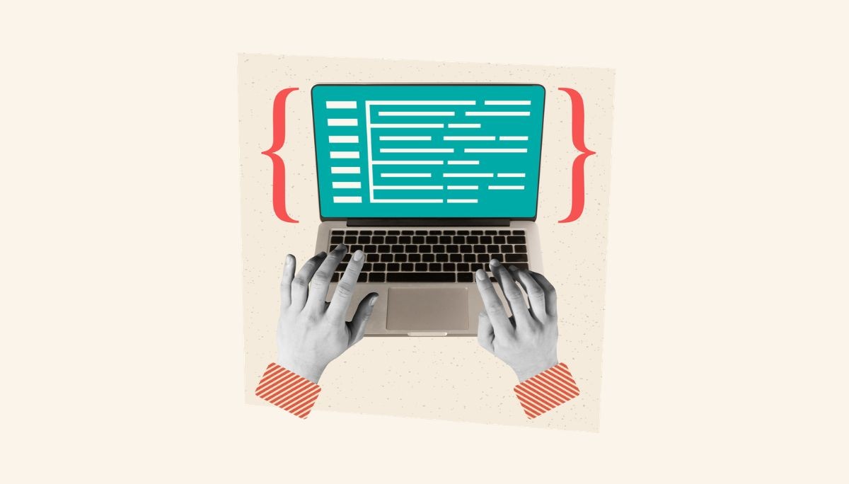 Stylized collage of laptop with code on screen and large red curly braces, symbolizing the design and development process of building a web app.