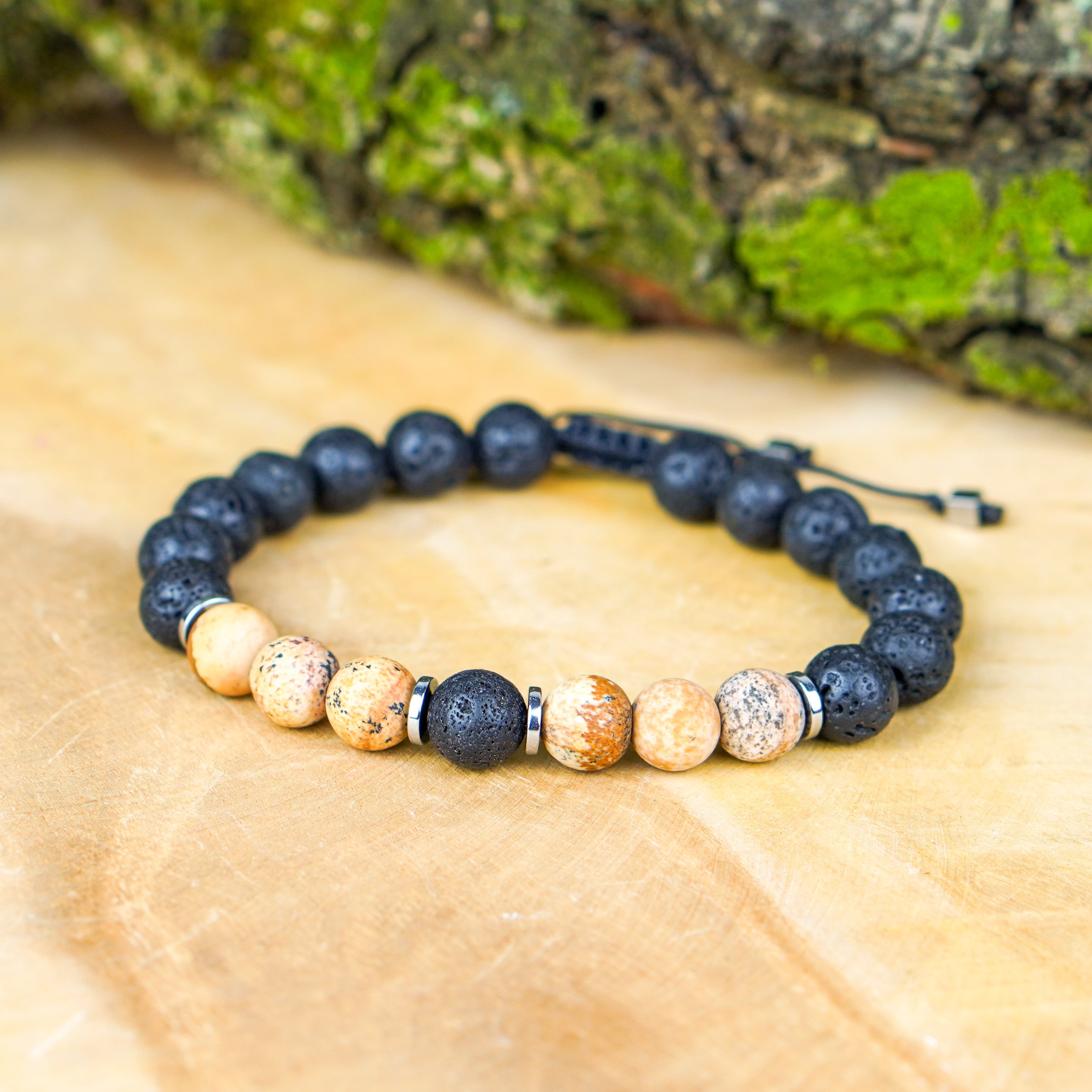 Ręcznie wykonana bransoletka dla mężczyzny CORE – unikalny wzór jaspis pejzażowy lawa i surowy styl