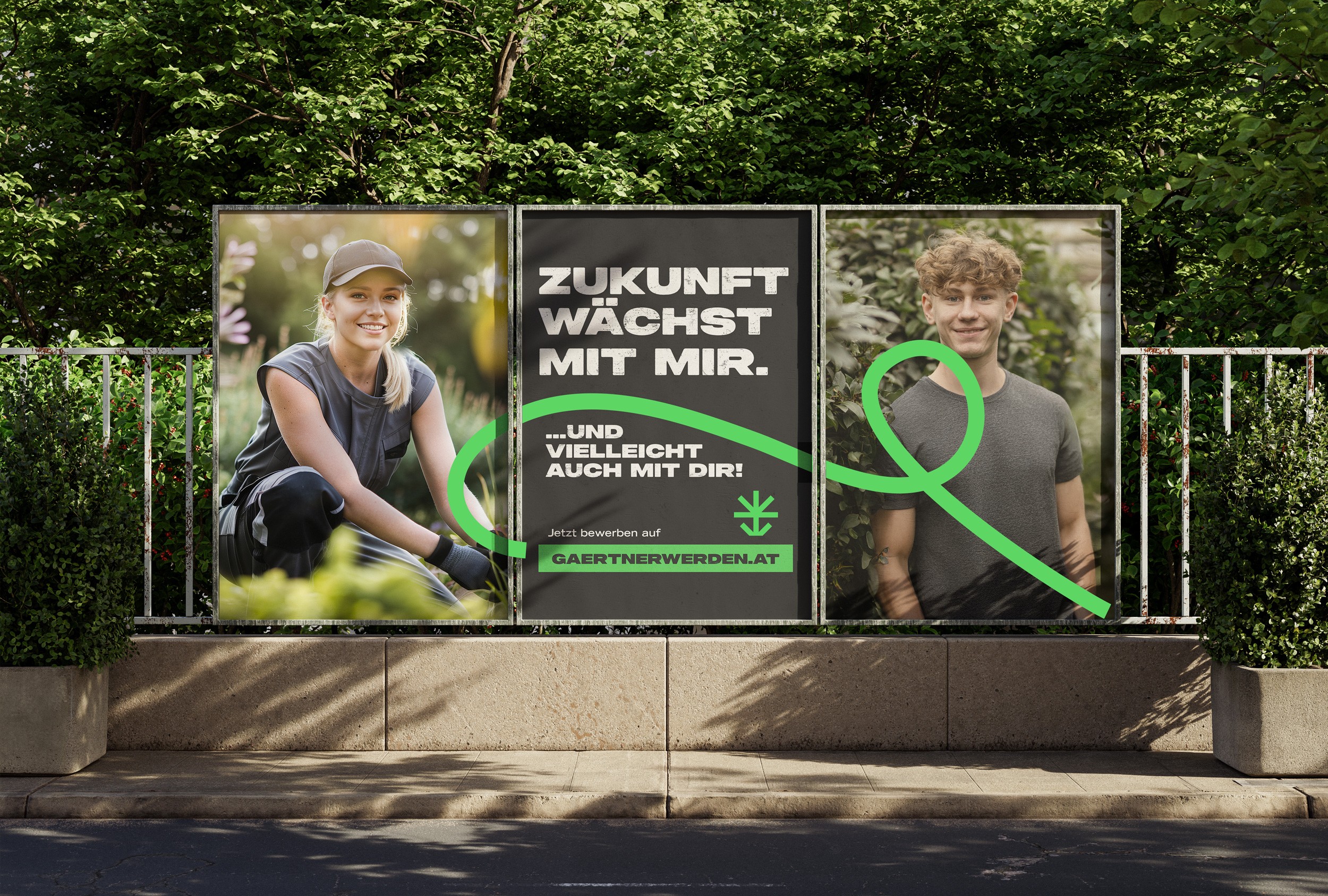 Frisches, modernes Sujet der Kampagne ‚Draußen hat Zukunft!‘ für die Steirischen Gärtner, das Naturverbundenheit und Zukunftsperspektiven vermittelt.