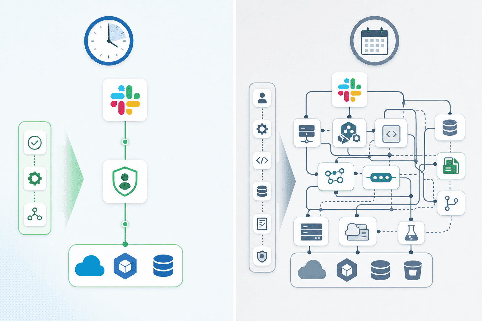 A modern split-screen technical illustration comparing two deployment timelines. Left side: a fast deployment path showing a simple, clean connection between Slack, an identity provider, and cloud systems with a