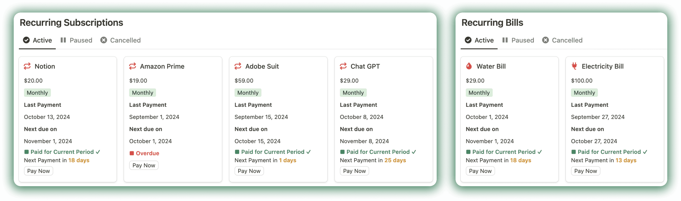 Subscription Tracker in notion Finance hub