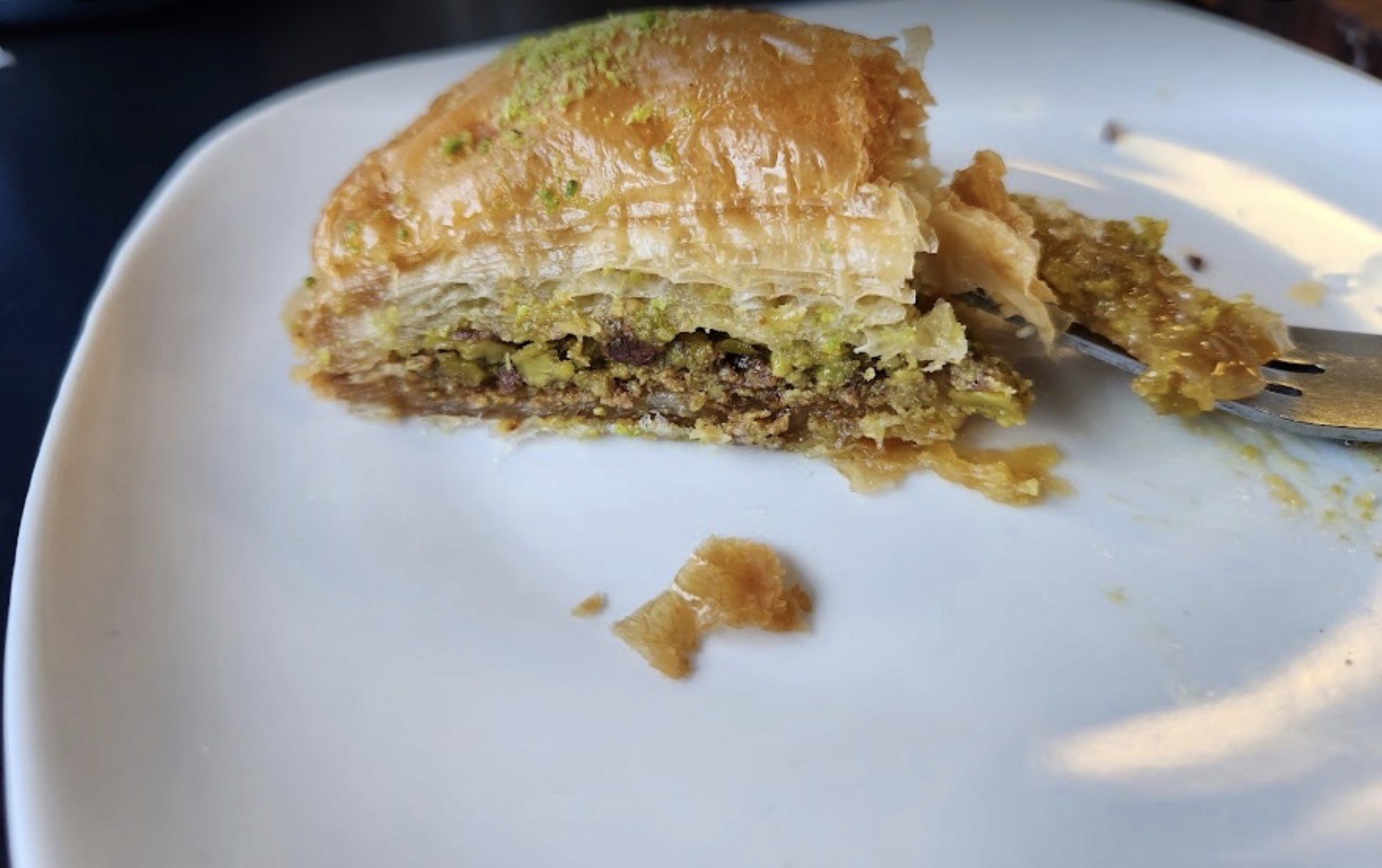 Pistachio baklawa served with a fork