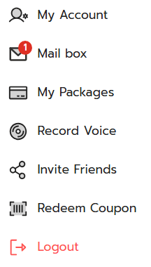 Sidebar menu displaying options: My Account, Mailbox with a notification badge, My Packages, Record Voice, Invite Friends, Redeem Coupon, and a highlighted Logout button.