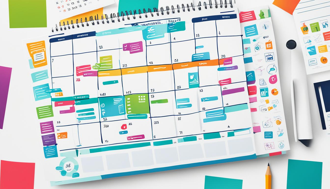 Create an image of a calendar with colorful squares representing different types of content, surrounded by icons of graphs and charts indicating analytics and success tracking. In the center of the calendar, place an Instagram scheduler tool with a pencil icon, symbolizing the ability to plan and schedule posts in advance. Show a hand hovering over the scheduler tool, ready to click and create the next post. The background should feature vibrant colors to represent different moods and themes that can be incorporated into social media content.