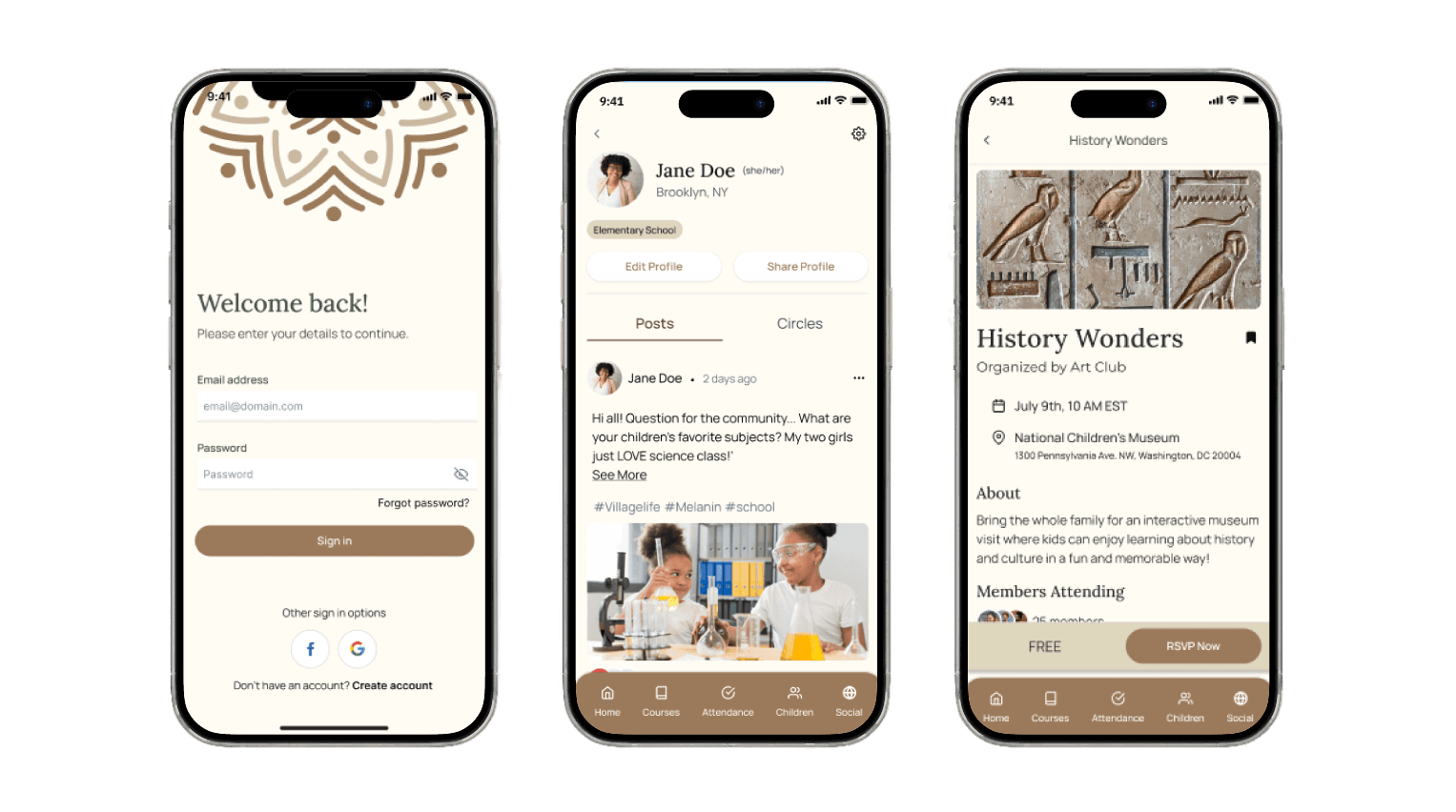 Three mobile screens- Login, Home feed, Event page on mobile device