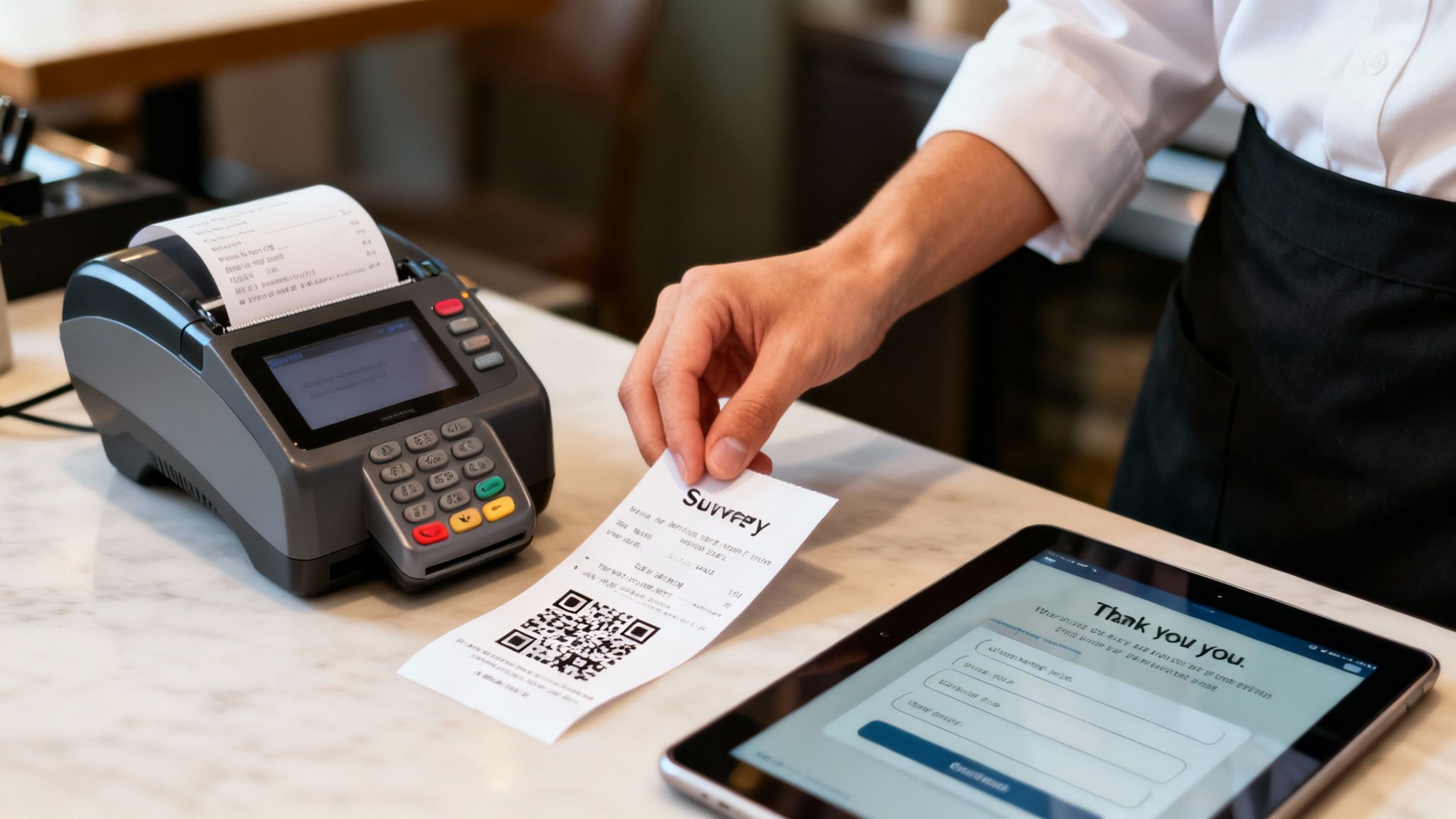 A person's hand holds a receipt with a QR code next to a payment terminal and a tablet.