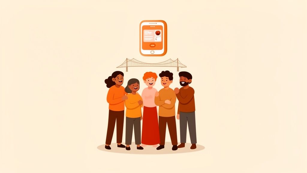 Diverse group of smiling people standing under a bridge, connected by a mobile app with a user interface.