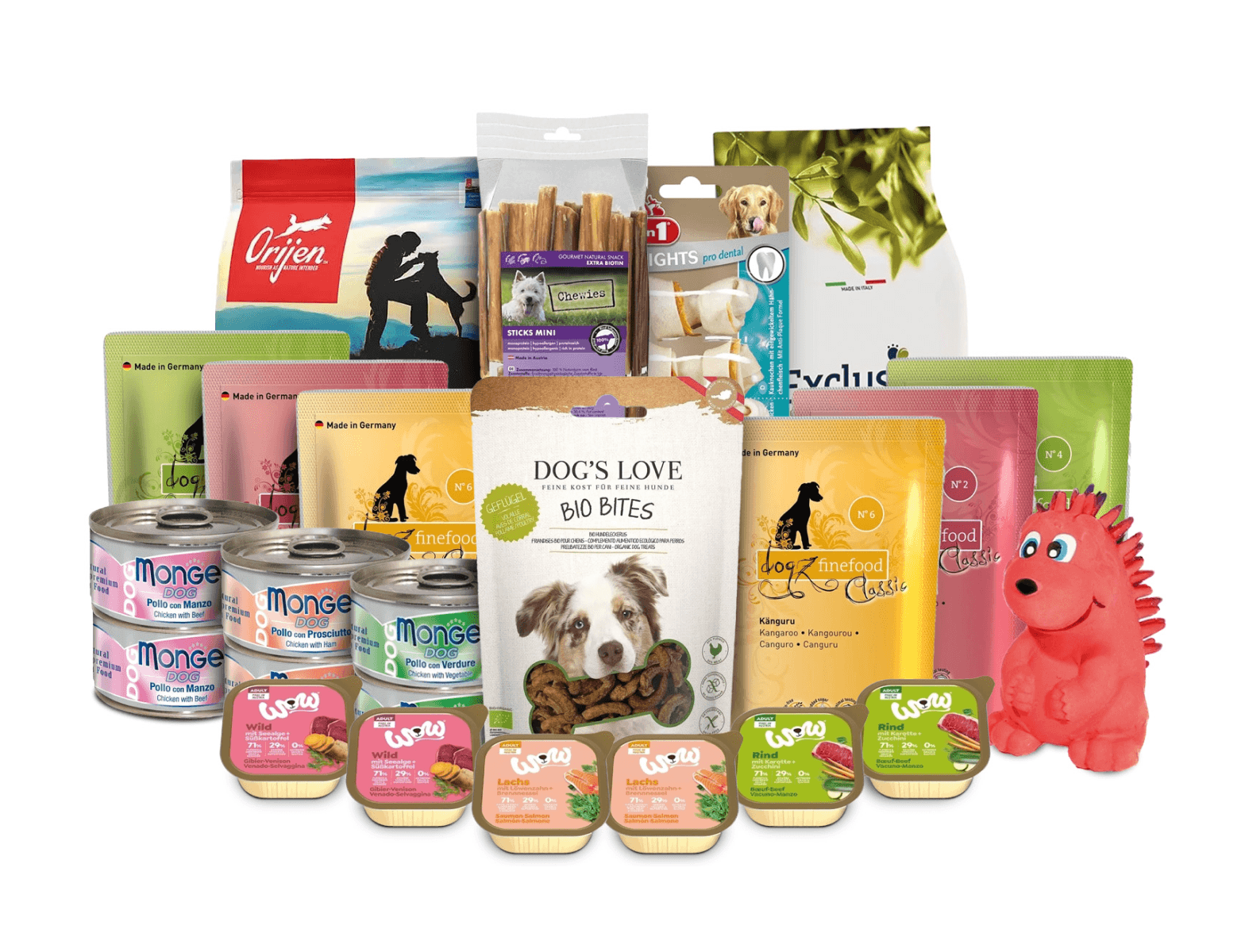 Assortment of dog food products, treats, and accessories from brands including Orijen, Dog's Love, and Monge, arranged on a white background