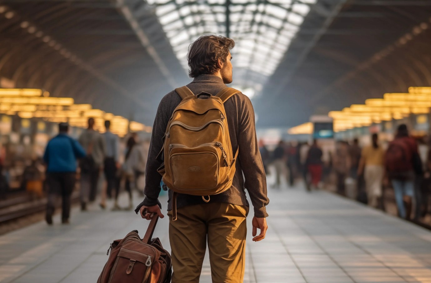 A traveler with a brown backpack and duffel bag stands on a bustling train station platform, surrounded by commuters under an arched, light-filled ceiling.