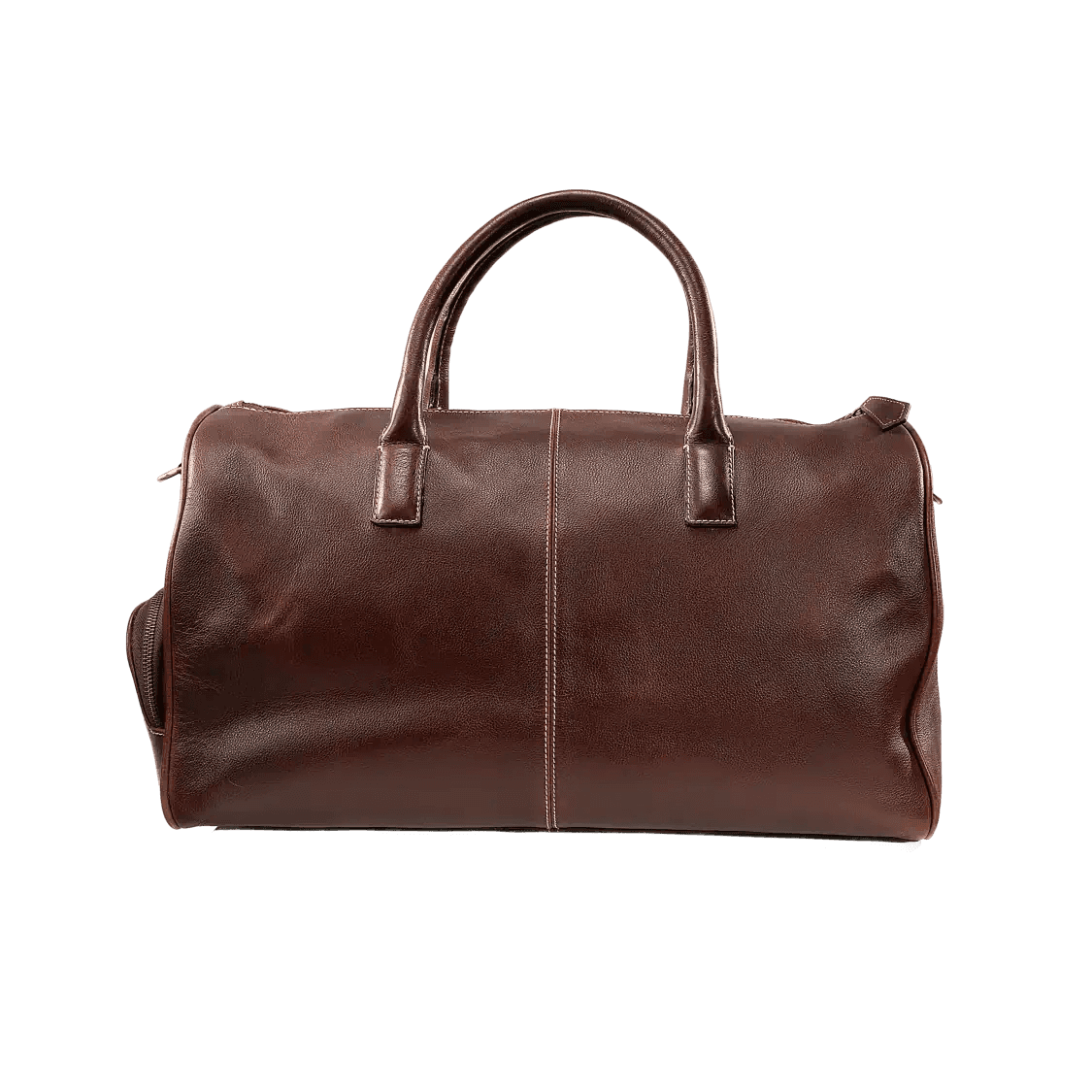 Brown leather duffel bag on a white background