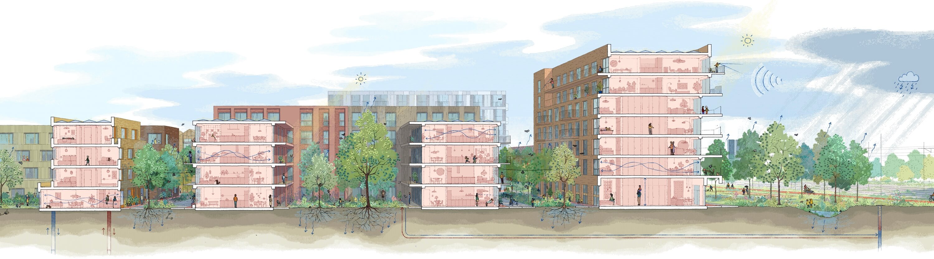 Illustration of several buildings surrounded by greenery under a blue sky with clouds.