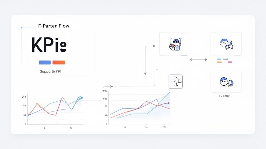 A dashboard titled 'F-Parten Flow' with KPIs, two line charts, and cartoon icons illustrating a process flow.