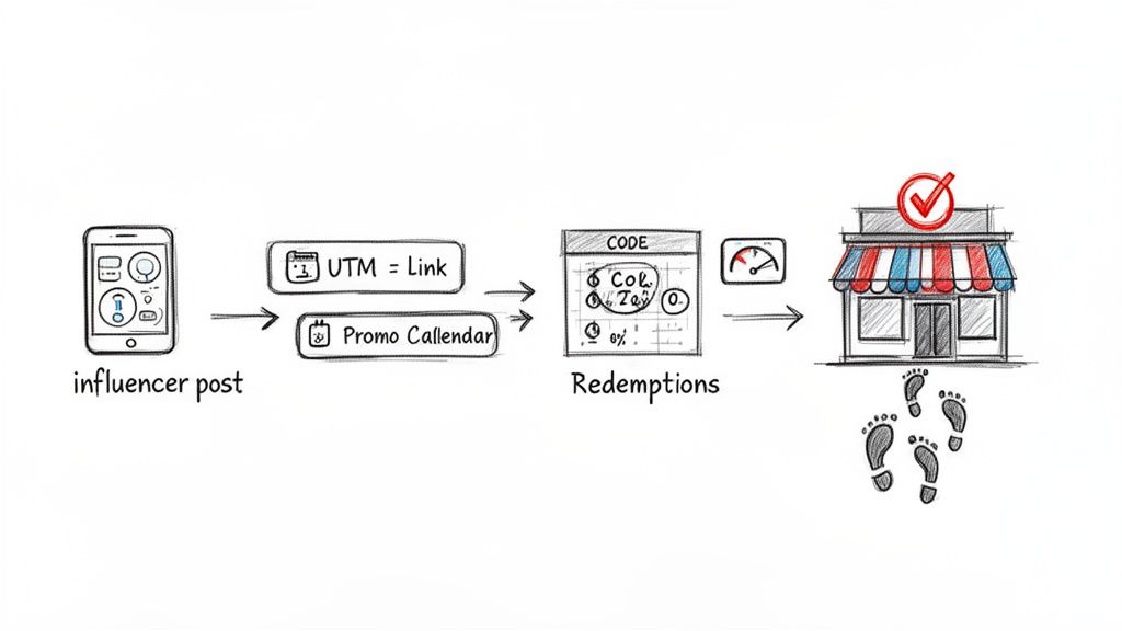This image illustrates the process of tracking influencer marketing, from post to store visits and redemptions.