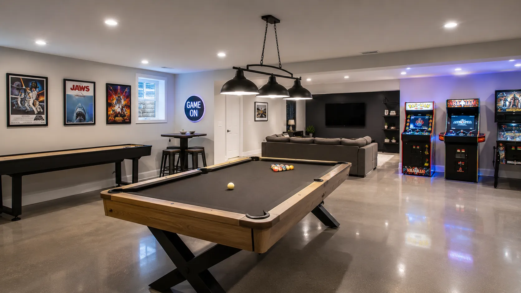 Modern game room basement featuring pool table, foosball table, vintage arcade machines, neon "Game On" signage, bar seating, and movie posters on polished concrete flooring.