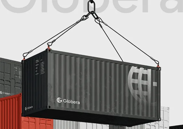 Globera shipping container being lifted by a crane. Blue and grey container with white logo.