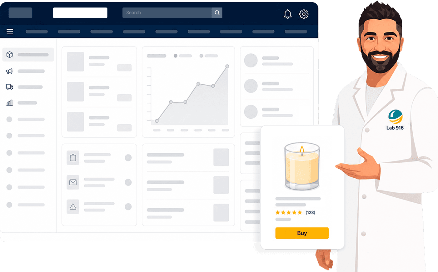 A Lab 916 operator presenting a product card in front of a Seller Central dashboard