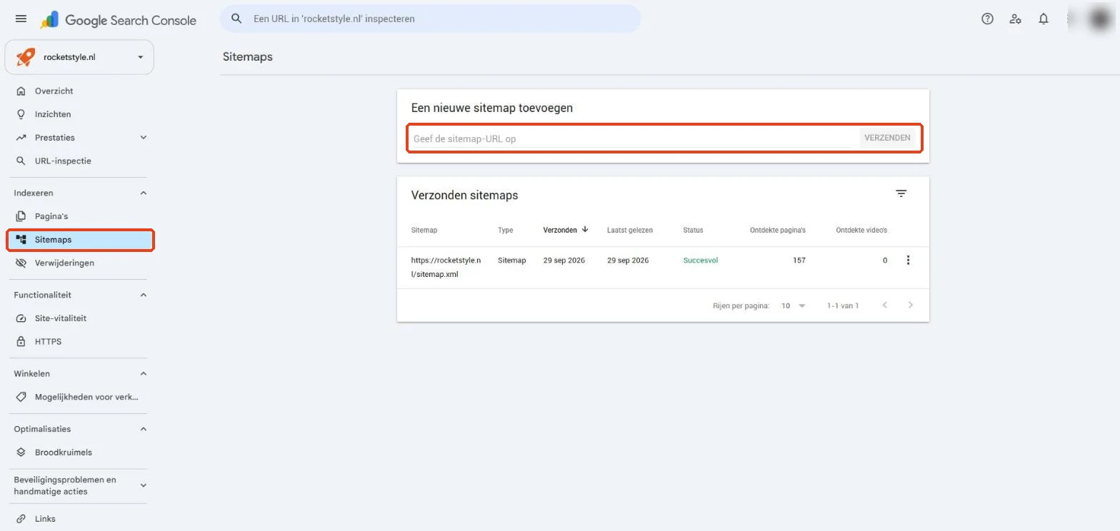 Search Console: Sitemaps met het veld voor een nieuwe sitemap