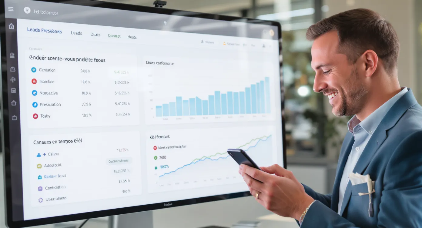 Une interface de tableau de bord affiche la progression des leads, le nombre de rendez-vous prévus pour la semaine et un graphique en temps réel des canaux les plus performants. Au premier plan, un commercial souriant consulte son smartphone affichant la confirmation d'un nouveau meeting dans son agenda.