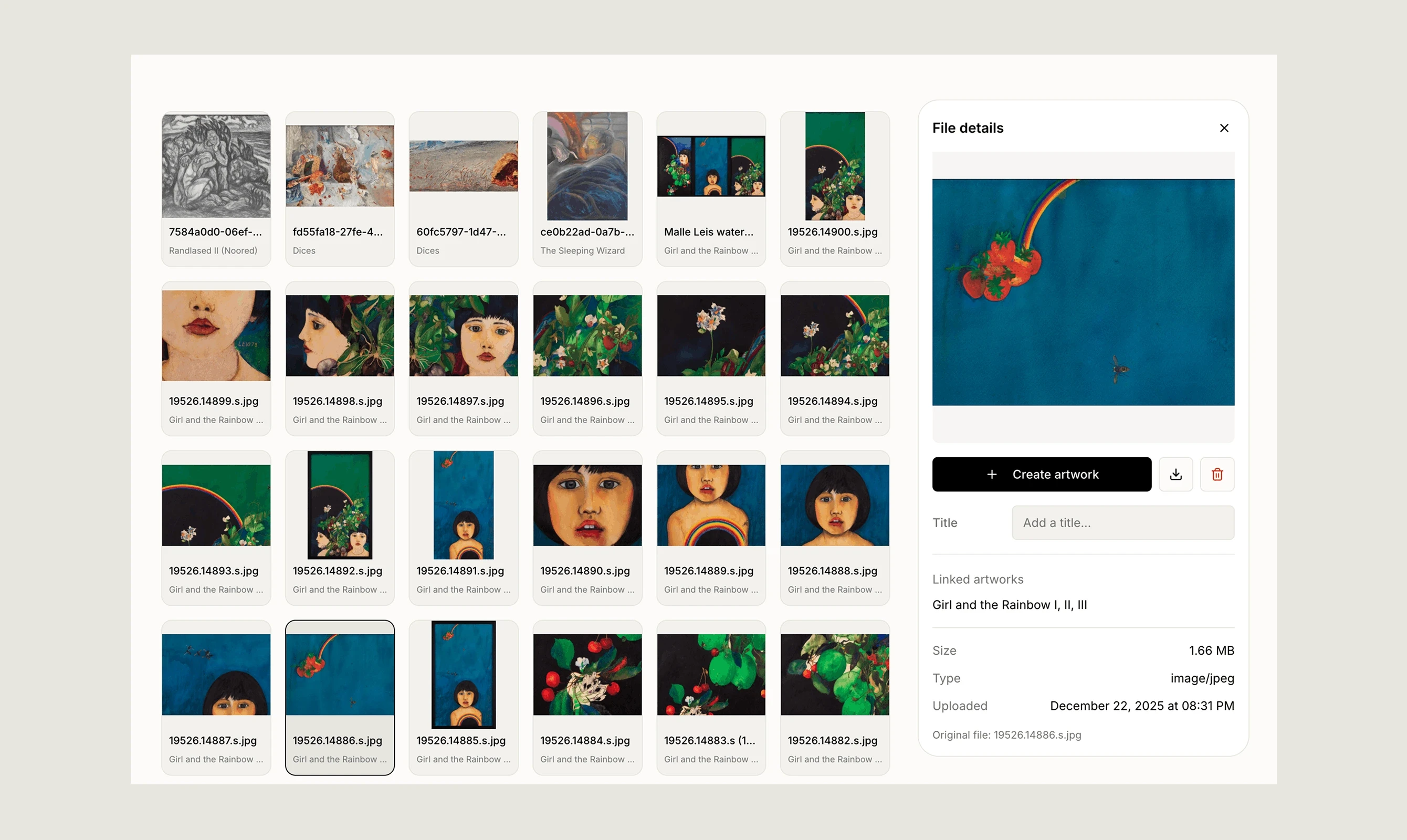 File grid with artwork images and files with a preview inside Artopia software