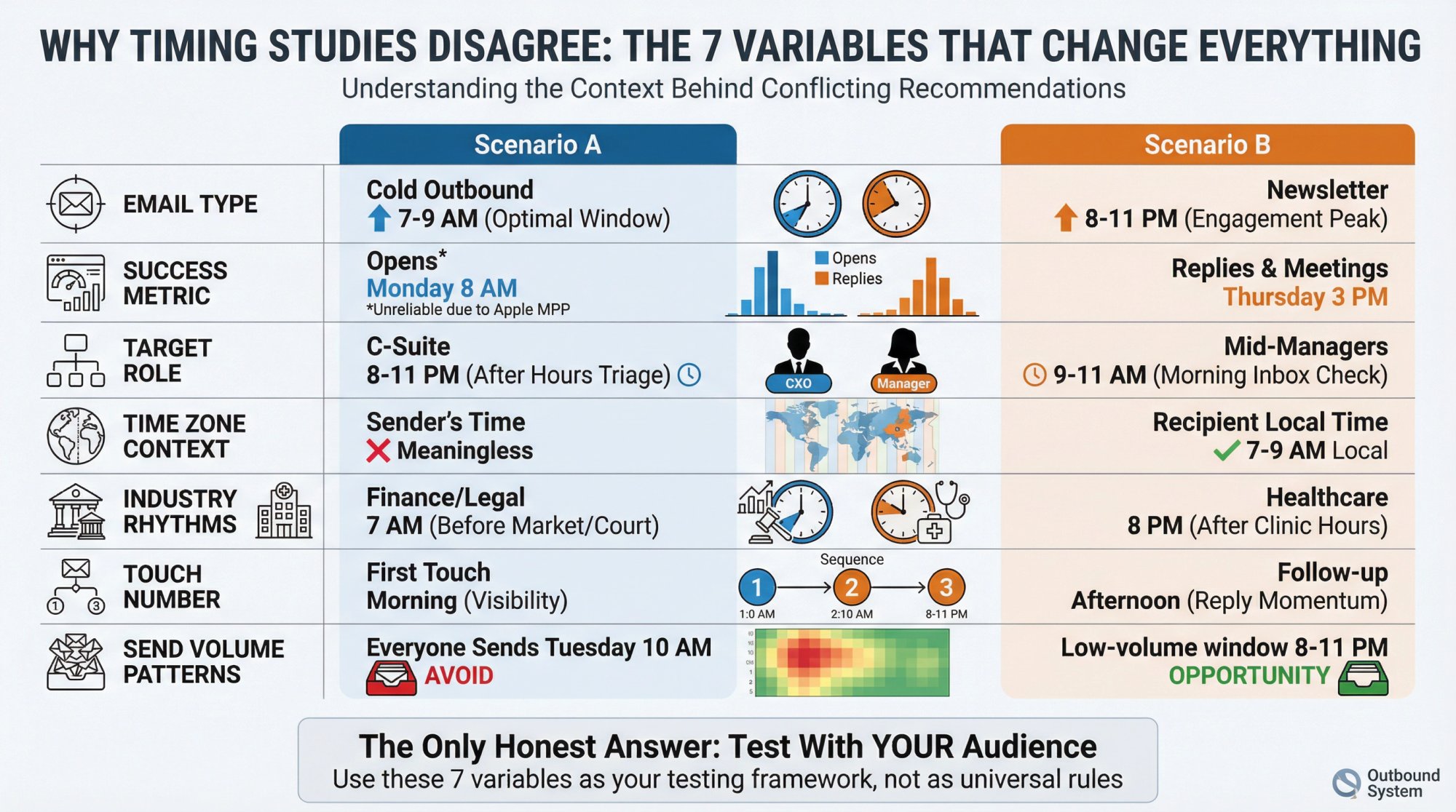 Seven-variable comparison matrix showing why different cold email timing studies disagree on optimal send times