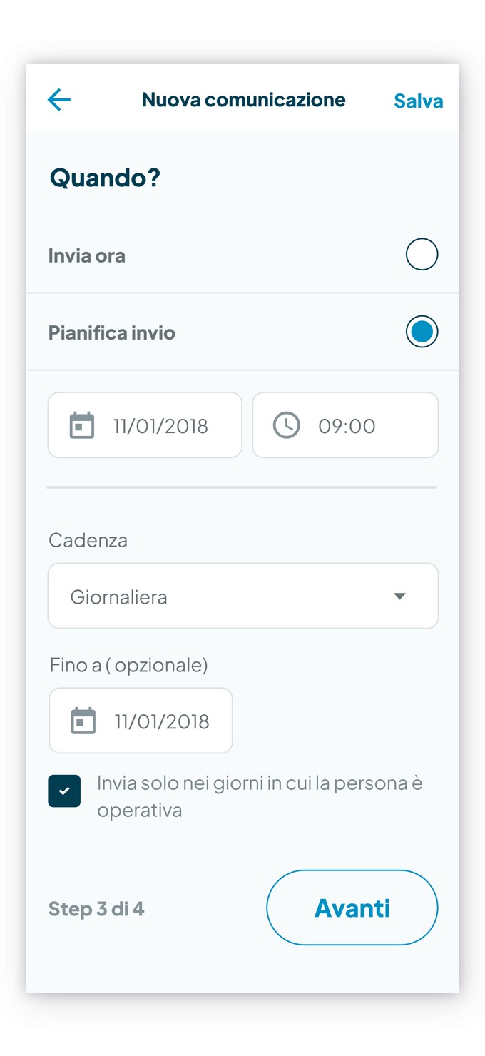 Schermata con dettaglio pianificazione della comunicazione di Fluida, con possibilità di programmare una frequenza quotidiana, settimanale o mensile.