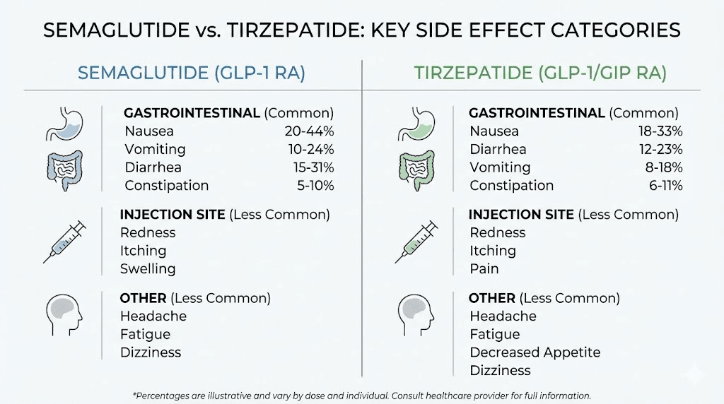 Semaglutide vs tirzepatide side effects comparison overview chart