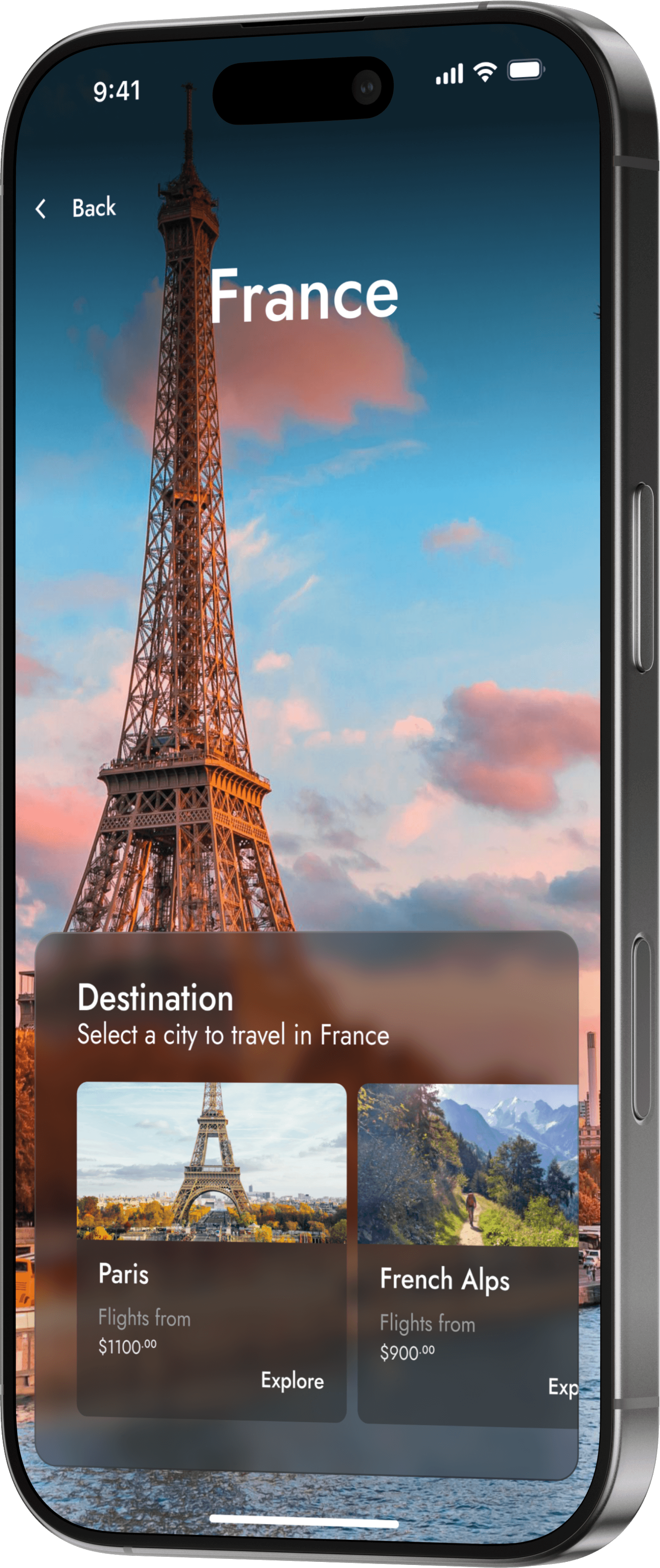 France destination screen in a flight booking app, displaying the Eiffel Tower and travel options for Paris and the French Alps with pricing details.