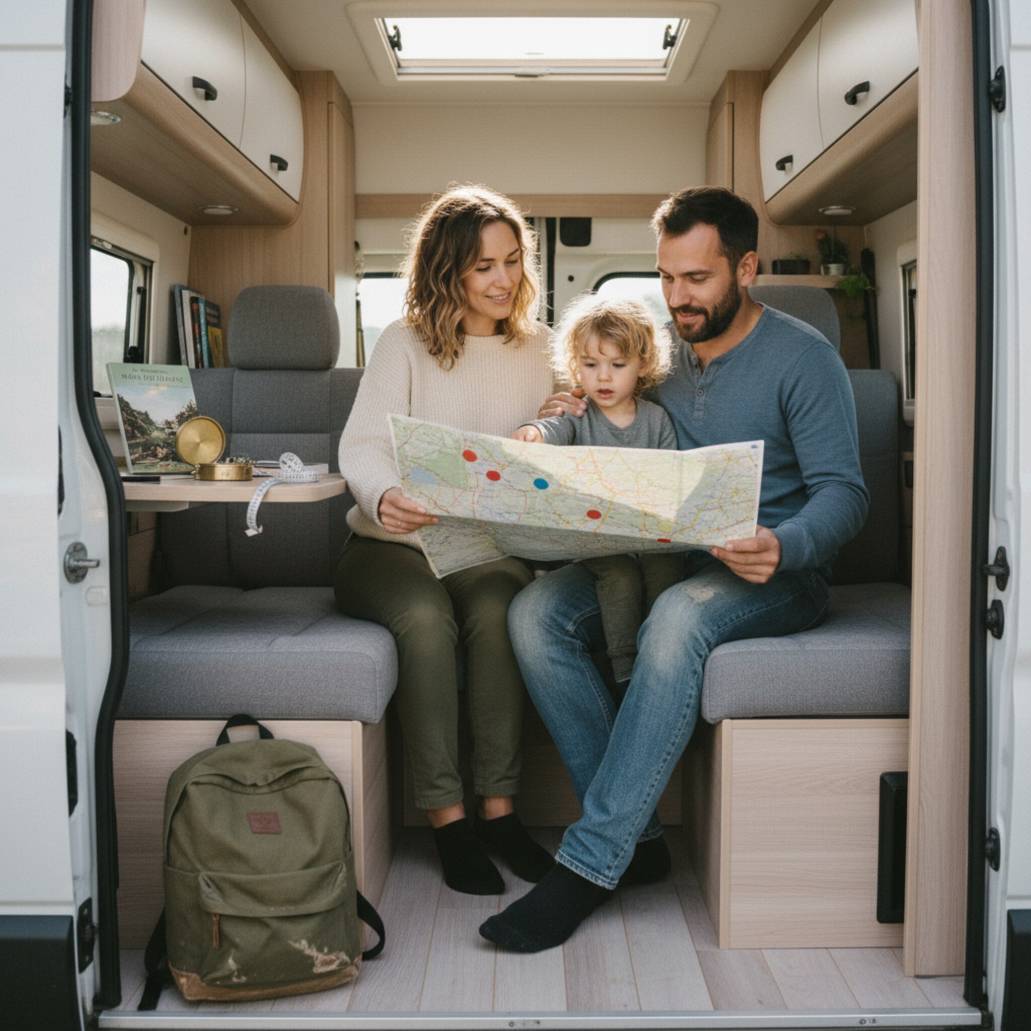 Eine junge Familie sitzt auf der ausziehbaren Sitzbank eines Campers und breitet eine Straßenkarte aus. Sonnenlicht fällt durch das Dachfenster, farbige Marker kennzeichnen Etappen. Ein Reiseführer und ein kleines Maßband liegen neben einem Kompass. Ein dezent gepackter Rucksack steht in der Türöffnung.