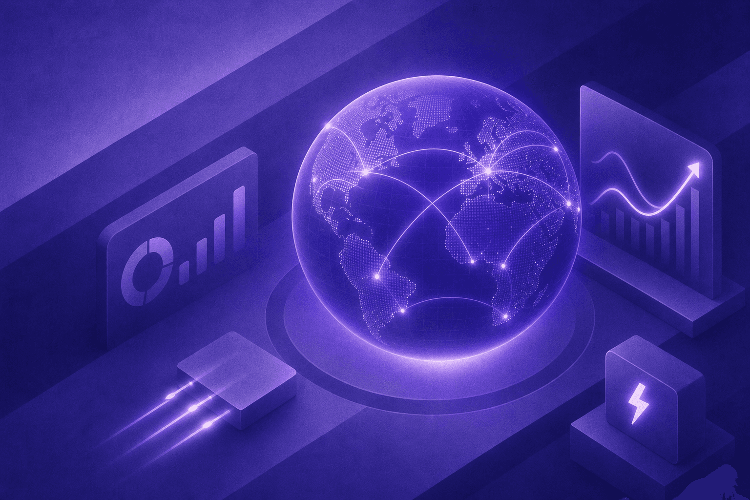 A sleek digital illustration showing a 24/7 operations concept: a globe with glowing connection lines spanning across time zones, with abstract dashboard indicators showing upward metrics and lightning-fast response signals — representing round-the-clock automated outreach and instant lead engagement, using a modern blue and purple color palette on a dark background
