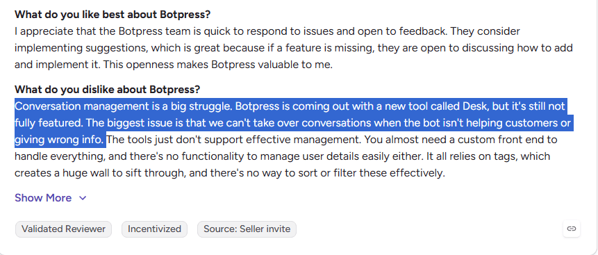 review regarding feature dislike in botpress