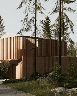Modern house exterior render surrounded by tall trees and natural landscaping